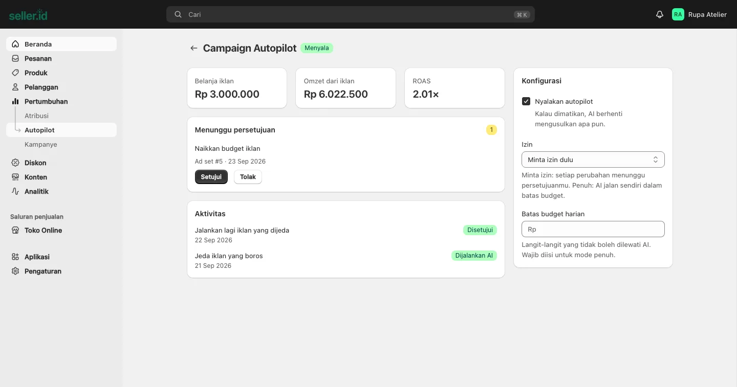 Layar Autopilot: satu usulan menunggu persetujuan dengan tombol Setujui dan Tolak, serta riwayat keputusan AI sebelumnya.