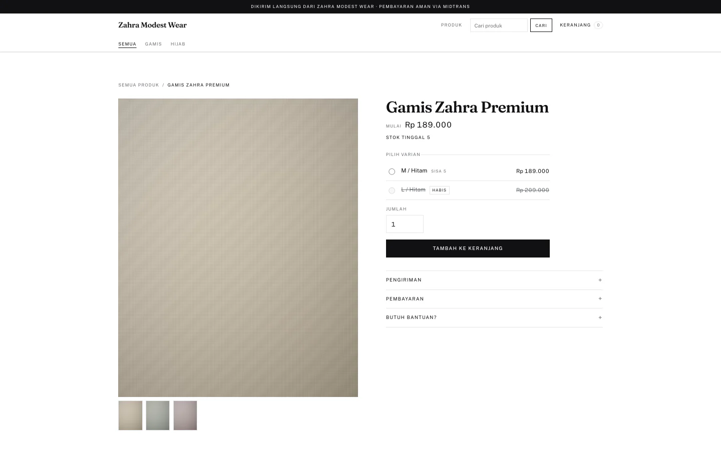 Halaman produk template Kanvas: foto produk besar di kiri, di kanan nama, harga, sisa stok, pilihan varian ukuran dengan harganya masing-masing, kolom jumlah, dan tombol Tambah ke Keranjang; galeri foto kecil berjejer di bawah foto utama.