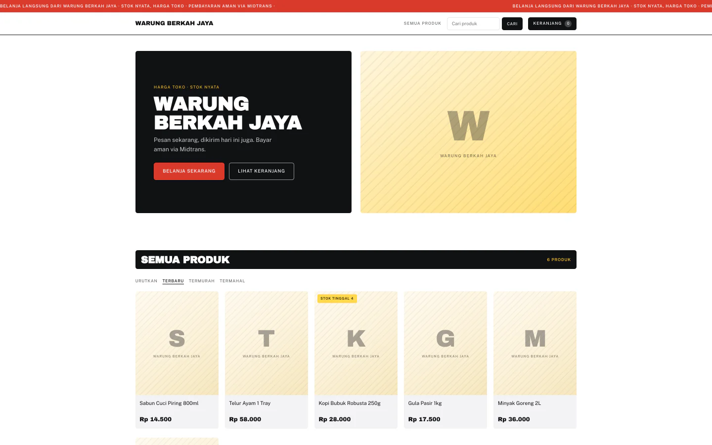 Halaman depan toko Warung Berkah Jaya pakai template Sorot: bar promo merah berjalan, hero terbelah dua dengan dua tombol, dan baris produk yang salah satunya berbadge kuning Stok Tinggal 4.